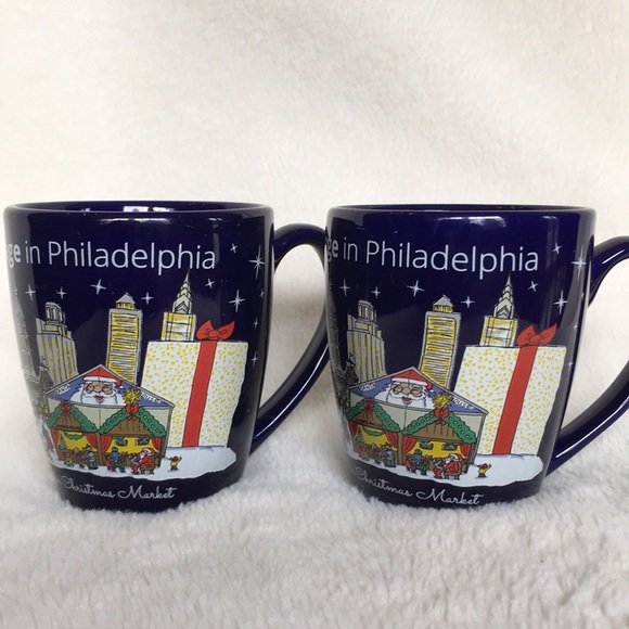 Set of 2 Navy Blue Christmas Village Philadelphia Gluehwein Mug Cup Night Market - Picture 5 of 14